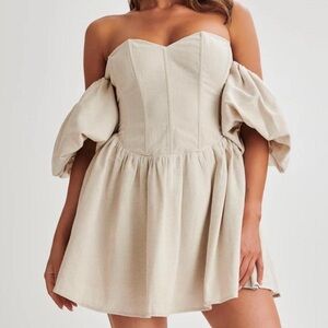 Meshki Ruffle Puff-Sleeve Mini Dress Beige Linen Blend Boutique Designer NEW XL